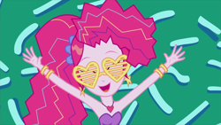 Size: 1280x720 | Tagged: safe, screencap, pinkie pie, equestria girls, friendship through the ages, rainbow rocks, 80s, 80s hair, arms in the air, bare shoulders, bracelet, cute, diapinkes, ear piercing, earring, heart necklace, heart shaped glasses, jewelry, necklace, piercing, shutter shades, sleeveless, smiling, strapless