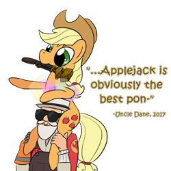 Size: 1720x1720 | Tagged: safe, artist:phat_guy, derpibooru exclusive, applejack, earth pony, human, pony, australium, beard, best pony, clothes, cosmetics, crossover, cute, dialogue, dungarees, duo, engineer, english, facial hair, female, glasses, gloves, hat, holding, jackabetes, man, mare, moustache, mouth hold, overalls, piggyback ride, pointing, quote, raised hoof, shirt, simple background, sunglasses, team fortress 2, tool, transparent background, uncle dane, unusual hat, video game, wrench