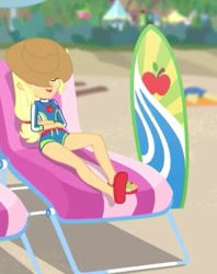 Size: 318x402 | Tagged: safe, screencap, applejack, better together, equestria girls, lost and found, bikini, clothes, cropped, cute, feet, jackabetes, sandals, solo, surfboard, swimsuit