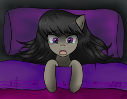 Size: 630x494 | Tagged: safe, artist:atsu-mist, octavia melody, earth pony, pony, bed, bedding, crying, dark, fear, female, in bed, mare, night, nightmare, open mouth, solo, teary eyes, wingding eyes