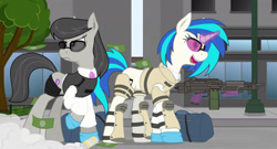 Size: 2115x1145 | Tagged: safe, artist:xphil1998, dj pon-3, octavia melody, vinyl scratch, earth pony, pony, crossover, gun, pair, payday, payday 2, weapon