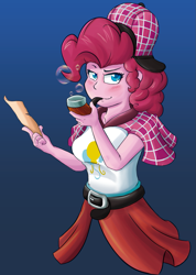 Size: 925x1301 | Tagged: safe, artist:mandy1412, pinkie pie, equestria girls, belt, blue background, bubble, bubble pipe, clothes, deerstalker, detective, female, hat, paper, sherlock holmes, simple background, solo