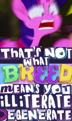 Size: 812x1364 | Tagged: safe, edit, edited screencap, screencap, twilight sparkle, twilight sparkle (alicorn), alicorn, my little pony: the movie, angry, breed, caption, collage, degeneracy, expand dong, exploitable meme, illiteracy, image macro, meme, meta, triggered, vocabulary, yelling