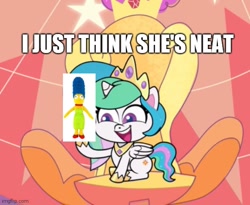 Size: 552x452 | Tagged: safe, edit, edited screencap, screencap, princess celestia, alicorn, pony, my little pony: pony life, princess probz, spoiler:pony life s01e01, caption, cropped, doll, image macro, marge simpson, meme, solo, text, the simpsons, toy