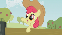 Size: 853x480 | Tagged: safe, screencap, apple bloom, earth pony, pony, the last roundup, applejack's hat, cowboy hat, female, fence, filly, happy, hat, solo, waving