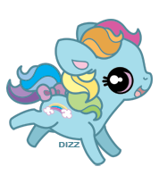 Size: 178x196 | Tagged: safe, artist:dizziness, rainbow dash (g3), earth pony, pony, g3, bow, chibi, cute, female, g3betes, mare, outline, signature, solo, tail bow