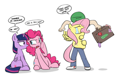 Size: 1426x942 | Tagged: safe, artist:shoutingisfun, derpibooru import, fluttershy, pinkie pie, twilight sparkle, twilight sparkle (alicorn), oc, oc:anon, alicorn, human, pony, crying, dialogue, hug, sitting, speech bubble, suitcase, vulgar