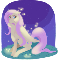 Size: 557x568 | Tagged: safe, artist:denkis, fluttershy, firefly (insect), pegasus, pony, cute, floppy ears, lineless, night, shyabetes, sitting, solo, stars