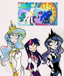 Size: 1747x2073 | Tagged: safe, artist:citi, screencap, princess celestia, princess luna, twilight sparkle, twilight sparkle (alicorn), alicorn, human, the ending of the end, celestia is not amused, humanized, luna is not amused, scene interpretation, screencap reference, twilight is not amused, unamused