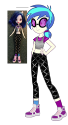 Size: 1656x3024 | Tagged: safe, artist:thecheeseburger, dj pon-3, vinyl scratch, equestria girls, alternate hairstyle, clothes, doll, female, hand on hip, leggings, midriff, pants, shoes, short shirt, simple background, smiling, socks, solo, standing, sunglasses, tanktop, toy, transparent background