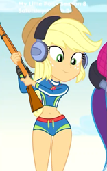 Size: 615x984 | Tagged: safe, edit, edited screencap, screencap, applejack, better together, equestria girls, lost and found, bikini, clothes, cute, female, gun, headphones, hips, jackabetes, lee-enfield, rifle, swimsuit, thighs, weapon