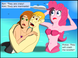 Size: 2719x2035 | Tagged: safe, artist:physicrodrigo, edit, editor:rmzero, part of a series, part of a set, pinkie pie, mermaid, series:equestria mermaids, equestria girls, armpits, belly button, chara, cloud, crossover, curse, cursed, day, dialogue, female, hug, kim possible, male, mermaidized, midriff, ocean, ron stoppable, shipping, species swap, straight, text, this will not end well, wat