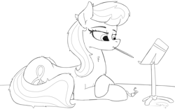 Size: 1920x1200 | Tagged: safe, artist:soctavia, octavia melody, earth pony, pony, bowtie, composing, female, lying down, mare, messy mane, mouth hold, music stand, pencil, sketch, solo, wip