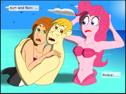 Size: 2719x2031 | Tagged: safe, artist:physicrodrigo, edit, editor:rmzero, part of a series, part of a set, pinkie pie, mermaid, series:equestria mermaids, equestria girls, armpits, belly button, chara, cloud, crossover, curse, cursed, day, dialogue, female, hug, kim possible, male, mermaidized, midriff, ocean, ron stoppable, shipping, species swap, straight, text, this will not end well