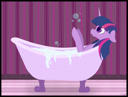 Size: 2338x1768 | Tagged: safe, artist:dashagame666, derpibooru import, twilight sparkle, bath, bathtub, bubble, bubble bath, claw foot bathtub, floppy ears, solo