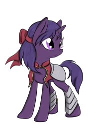 Size: 1500x1982 | Tagged: safe, artist:mrrowboat, oc, oc only, pony, unicorn, armor, clothes, fantasy class, female, knight, mare, purple, scarf, solo, warrior