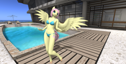 Size: 1920x986 | Tagged: safe, artist:bangayo, fluttershy, anthro, 3d, belly button, bikini, clothes, midriff, second life, sexy, solo, swimming pool, swimsuit, video in description