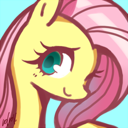 Size: 300x300 | Tagged: safe, artist:volvolvox, fluttershy, pegasus, pony, blue background, bust, colored pupils, cute, icon, portrait, shyabetes, signature, simple background, solo