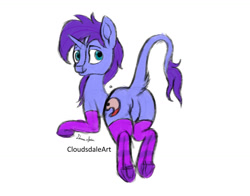 Size: 1600x1256 | Tagged: safe, artist:cloudsdaleart, oc, oc only, oc:seafood dinner, classical unicorn, pony, unicorn, clothes, cloven hooves, featureless crotch, leonine tail, long tail, looking back, presenting, simple background, socks, solo, striped socks, underhoof, unshorn fetlocks, white background