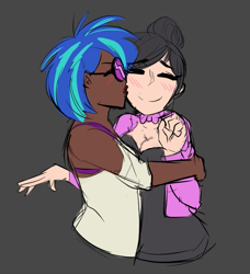 Size: 677x743 | Tagged: safe, artist:pandaamanda11, dj pon-3, octavia melody, vinyl scratch, human, alternate hairstyle, black background, blushing, bowtie, bra, breasts, cardigan, cleavage, clothes, commission, cute, dark skin, eyes closed, female, hug, humanized, kissing, lesbian, scratchtavia, shipping, simple background, smiling, tavibetes, underwear, vinylbetes