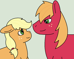 Size: 640x518 | Tagged: safe, artist:insanity-w0lf, applejack, big macintosh, earth pony, pony, applecest, applemac, female, green background, incest, looking at each other, male, shipping, simple background, straight, vulgar description