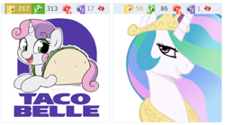 Size: 466x259 | Tagged: safe, princess celestia, sweetie belle, alicorn, pony, derpibooru, food, implied vore, juxtaposition, juxtaposition win, meme, meta, pony as food, pun, taco, taco bell, taco belle