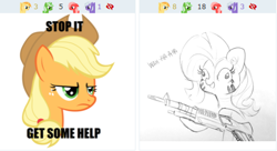 Size: 486x264 | Tagged: safe, artist:tjpones, derpibooru import, applejack, rarity, earth pony, pony, unicorn, crazy face, derpibooru, faic, get help, gun, juxtaposition, juxtaposition win, meme, meta, weapon