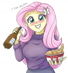 Size: 1871x2005 | Tagged: safe, artist:sumin6301, fluttershy, equestria girls, 2019, alcohol, beer, blasphemy, bucket, chicken wings, clothes, dialogue, food, happy new year, holiday, kfc, out of character, simple background, smiling, solo, sweater, sweatershy, white background