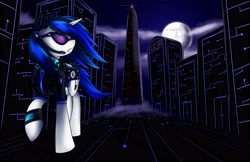 Size: 5100x3300 | Tagged: safe, artist:spiritofthwwolf, dj pon-3, vinyl scratch, pony, unicorn, absurd resolution, building, city, cyberpunk, female, mare, mare in the moon, moon, raised hoof, redraw, solo, spire, sunglasses