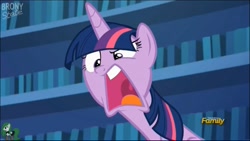 Size: 1366x768 | Tagged: safe, derpibooru import, screencap, twilight sparkle, twilight sparkle (alicorn), alicorn, pony, every little thing she does, bronystate, discovery family logo, expressions, faic, how do you make your neck go like that?, solo