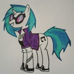 Size: 1152x1152 | Tagged: safe, artist:allychan21, dj pon-3, vinyl scratch, pony, unicorn, clothes, female, jacket, mare, shoes, solo, tanktop, traditional art