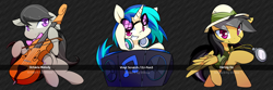 Size: 1080x360 | Tagged: safe, artist:dshou, daring do, dj pon-3, octavia melody, vinyl scratch, earth pony, pegasus, pony, unicorn, cello, female, glasses, headphones, looking at you, mare, musical instrument, trio