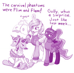 Size: 1280x1257 | Tagged: safe, artist:dstears, flam, flim, princess celestia, princess luna, alicorn, pony, unicorn, bound together, brothers, clothes, cosplay, costume, crossover, digital art, female, flim flam brothers, fred jones, glasses, identical twins, magic, male, mare, monochrome, newbie artist training grounds, raised hoof, royal sisters, sarcasm, scooby doo, siblings, simple background, sisters, stallion, sweater, telekinesis, tied up, turtleneck, twin brothers, twins, velma dinkley, white background