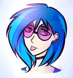 Size: 1049x1114 | Tagged: safe, artist:katedoof, dj pon-3, vinyl scratch, human, bust, choker, ear piercing, earring, female, gradient background, humanized, jewelry, piercing, portrait, solo, sunglasses, tongue out