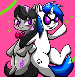 Size: 640x661 | Tagged: safe, artist:asg, dj pon-3, octavia melody, vinyl scratch, earth pony, pony, unicorn, blushing, female, glasses, heart, lesbian, mare, scratchtavia, shipping, simple background