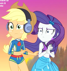 Size: 951x1005 | Tagged: safe, screencap, applejack, rarity, better together, equestria girls, lost and found, belly button, clothes, cropped, duo, headphones, midriff, swimsuit