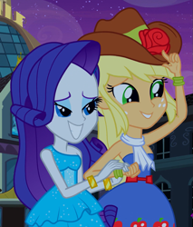 Size: 831x977 | Tagged: safe, screencap, applejack, rarity, equestria girls, equestria girls (movie), bare shoulders, duo, duo female, fall formal outfits, female, holding hands, shipping fuel, sleeveless, strapless