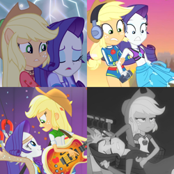 Size: 2048x2048 | Tagged: safe, screencap, applejack, rarity, better together, equestria girls, legend of everfree, lost and found, rainbow rocks, rarity investigates: the case of the bedazzled boot, applejack is not amused, bass guitar, belly button, catching, clothes, comparison, continuity, cropped, cute, drama queen, duo, geode of shielding, geode of super strength, grayscale, hat, headphones, jackabetes, magnet, marshmelodrama, midriff, monochrome, musical instrument, out of context, ponied up, raribetes, rarity investigates (eqg): applejack, swimsuit, unamused