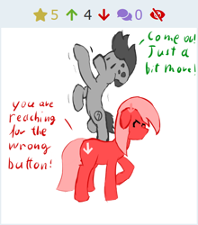 Size: 492x558 | Tagged: safe, artist:geljado, oc, oc only, oc:broken symmetry, oc:downvote, earth pony, pony, derpibooru, derpibooru ponified, digital art, meta, ponified, simple background, text