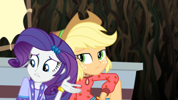 Size: 1920x1080 | Tagged: safe, screencap, applejack, rarity, equestria girls, legend of everfree, camp fashion show outfit