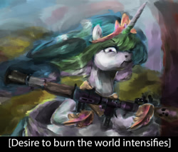 Size: 1379x1176 | Tagged: safe, artist:toisanemoif, edit, princess celestia, alicorn, pony, angry, badass, jewelry, looking at you, meme, regalia, rocket launcher, sitting, solo, some mares just want to watch the world burn, weapon