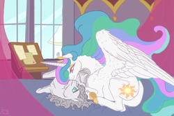 Size: 1500x1000 | Tagged: safe, princess celestia, oc, oc:light knight, alicorn, pony, bed, bedroom, lightestia, shipping