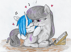 Size: 831x614 | Tagged: safe, artist:t72b, derpibooru exclusive, dj pon-3, octavia melody, vinyl scratch, earth pony, pony, unicorn, cuddling, female, hair over one eye, heart, hug, lesbian, lying, mare, missing accessory, music notes, newbie artist training grounds, scratchtavia, shipping, sitting, smiling, traditional art