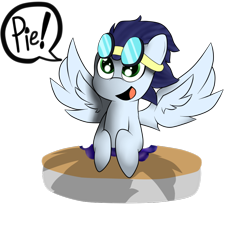 Size: 1024x1024 | Tagged: dead source, safe, artist:lyres-art, soarin', pegasus, pony, bust, food, goggles, pie, simple background, smiling, solo, speech bubble, that pony sure does love pies, white background