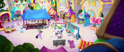 Size: 1920x808 | Tagged: safe, screencap, cornsilk, dawn sunrays, nougat praliné, photo finish, princess celestia, sassy saddles, twilight sparkle, twilight sparkle (alicorn), alicorn, dragon, earth pony, pegasus, pony, unicorn, my little pony: the movie, background pony, bird's eye view, bow, camera, canterlot, chest, chocolate apple, clothes, cutout, dragons riding ponies, dress, female, flying, friendship festival, hair bow, male, mare, market, ponyville, queue, quill, raised hoof, riding, tripod, unnamed character, unnamed pony, we got this together, x marks the spot (directions)