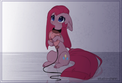 Size: 1440x976 | Tagged: safe, artist:little-sketches, pinkie pie, earth pony, pony, balloon, behaving like a dog, choker, cute, cuteamena, female, hoof hold, mare, pinkamena diane pie, sad, sadorable