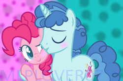 Size: 803x533 | Tagged: safe, artist:mlplover0711, party favor, pinkie pie, earth pony, pony, abstract background, base used, blushing, colored pupils, eyes closed, female, hug, male, partypie, shipping, side hug, straight, watermark