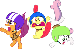 Size: 8113x5422 | Tagged: safe, artist:flutterguy317, apple bloom, scootaloo, sweetie belle, earth pony, pegasus, pony, unicorn, absurd resolution, cutie mark crusaders, falling, female, filly, helmet, simple background, transparent background, vector, yelling