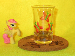 Size: 1833x1374 | Tagged: safe, artist:malte279, fluttershy, pegasus, pony, blind bag, coaster, cork, craft, cutie mark, glass, glass painting, pyrography, shot glass, toy, traditional art