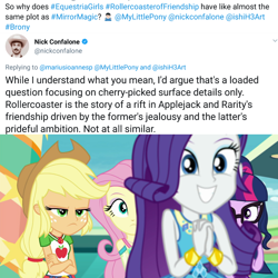 Size: 1080x1080 | Tagged: safe, applejack, fluttershy, rarity, sci-twi, twilight sparkle, better together, equestria girls, mirror magic, rollercoaster of friendship, spoiler:eqg specials, meta, nick confalone, text, twitter